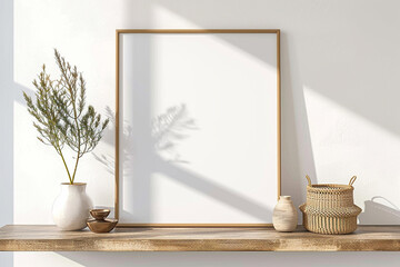 Essential aesthetics come to life: A square empty mock-up poster frame graces a wooden shelf, within a modern living room boasting white walls and carefully curated home 