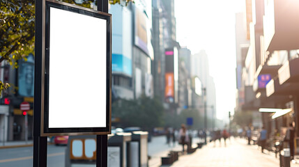 empty poster mockup in the city, white empty poster for copyspace, blurred background --ar 16:9 --v...