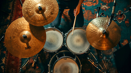 An overhead shot of a jazz drummer in the midst of a spirited solo, capturing the rhythmic chaos of drumsticks in motion. The dynamic composition and the intricate details of the d - obrazy, fototapety, plakaty