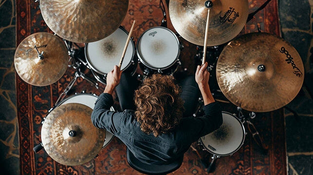 An overhead shot of a jazz drummer in the midst of a spirited solo, capturing the rhythmic chaos of drumsticks in motion. The dynamic composition and the intricate details of the d