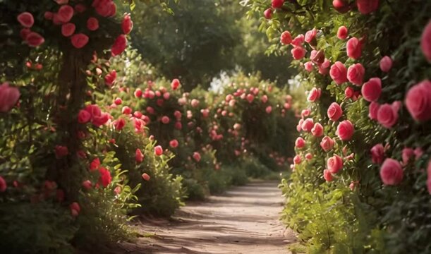 A path lined with vibrant roses, each one a unique shade and shape, beckoning you to explore its secrets