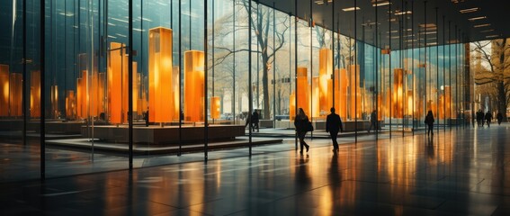 A bustling cityscape is mirrored in the sleek glass walls of a modern building, as people stroll through the luminous interior, surrounded by striking works of art and impeccable architecture