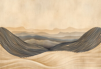 minimalistic painting with geometric lines, abstract modern boho landscape. wall art with grunge effect and strong brush strokes