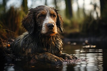 A playful brown puppy of a certain dog breed excitedly splashes in the cool waters of a serene river, embracing its innate love for outdoor adventures - obrazy, fototapety, plakaty