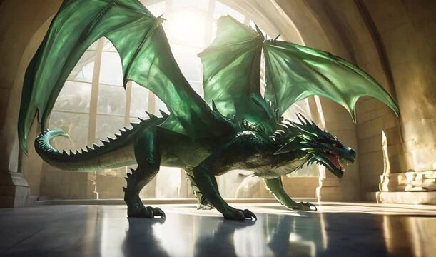 A majestic green dragon emerges from a shimmering glass tunnel, its transparent wings glinting in the sunlight.