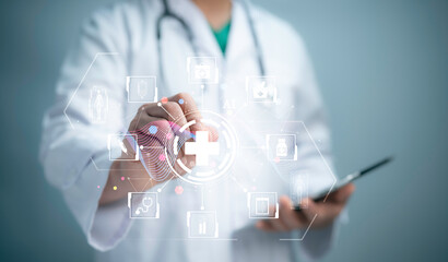 Fototapeta na wymiar Elevate healthcare with AI technology services.Virtual health care analytics empower medical professionals in the medical revolution. Data analytics enhance patient care and healthcare administration.