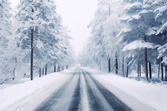 A snowy road in the winter with trees.