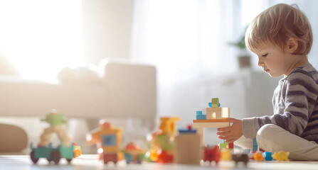 Little toddler boy playing with wooden toys collection on the floor in his playroom