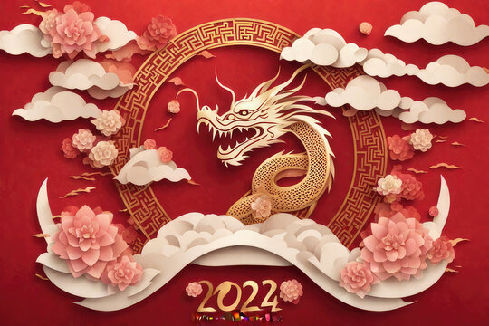 Chinese new year 2024 paper cutout style postcard