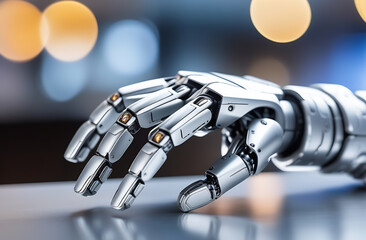 Close-up of a robotic arm made of gray metal. Technology development, artificial intelligence and humanoid robot. Cyborg hand. Development of medicine, medical prosthesis for the hand.