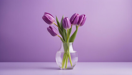 Purple violet tulip in a glass vase on pastel violet background.