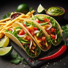 Delicious taco shells with ground beef and fresh vegetables. testy Mexican food
