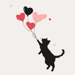 A minimalistic digital art piece featuring a sleek black cat playfully leaping at red and pink heart-shaped balloons. 