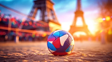 Kussenhoes A multi-colored volleyball lies on sand against the backdrop of the Eiffel Tower during sunset, Summer Olympics in 2024 © ximich_natali