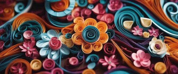 Floral curls and rolls from colored strips of paper. Quilling paper is an art hobby. Abstract background