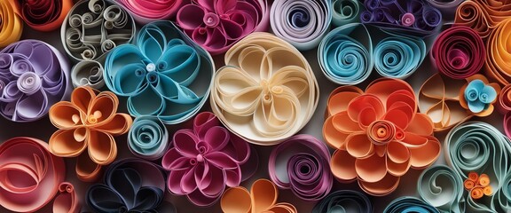 Floral curls and rolls from colored strips of paper. Quilling paper is an art hobby. Abstract background