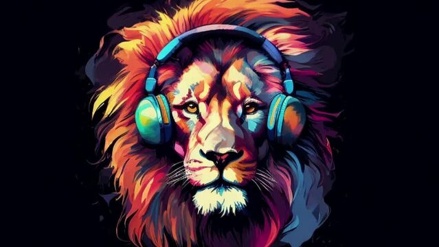 Colorful Lion with headphones Listening to Music on a Black Background