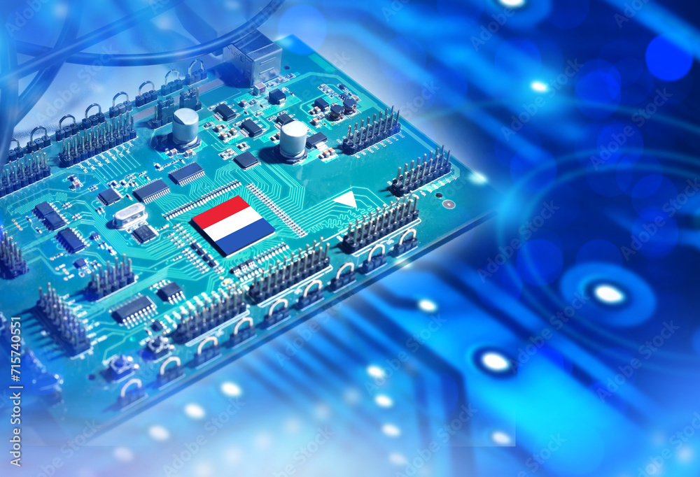 Aufkleber Processor with flag of Netherlands. CPU production in Holland. Graphics processor for computer. CPU chip from Netherlands. Background with computer board. CPU processor from Netherlands. 3d image