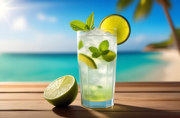 Fresh cold mojito cocktail glass with lime in a wooden table top in a beach bar, a blurred background of a sandy beach with palm trees and the azure sea. beach holiday concept