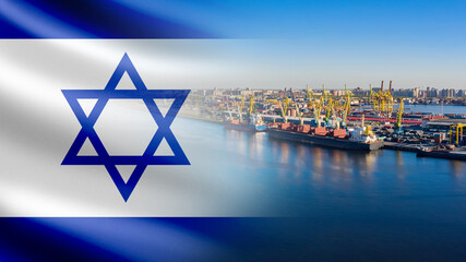 Cargo port with Israel flag. Marine harbor for unloading ships. View port from quadcopter. Berth...