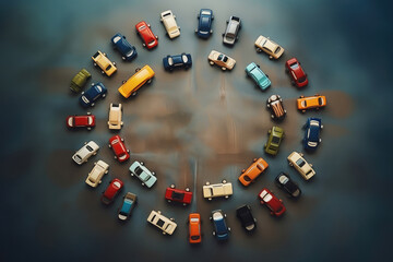 Top view of colorful toy car collection standing in a circle on in child playing room.