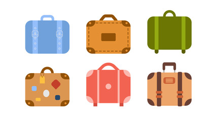 Set of luggage bags for planes, trains for travel. Various kinds of travel luggage. Bag, backpack cabin luggage and check in baggage. Vector illustration in flat design.	