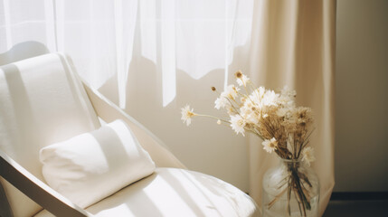 Neutral Minimalist lifestyle in Scandinavian style. Sunny day. Minimalistic interior, with a simple beautiful composition with flowers.
