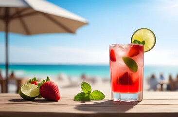 Fresh cold cocktail glass of strawberry mojito with lime on a wooden tabletop at a beach bar, blurred background of sandy beach and azure sea. beach holiday concept