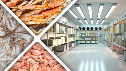 Refrigerated warehouse with seafood. Industrial freezer. Shrimp inside spacious refrigerator....
