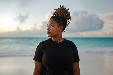 Plus-sized African American female model with dreadlocks - black t-shirt mockup - blurred seaside...