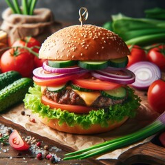 tasty burger with ground beef and fresh vegetables. Delicious Homemade food