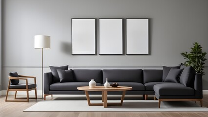 Three poster mockup on the wall of living room, Interior mockup with house background