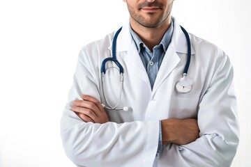 Close up shot of a male doctor with arms crossed, white background