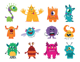 Cute monster. Cartoon funny monsters with different emotions. Trolls, cyclop, alien and goblin characters. Childish mascots, classy stickers vector set