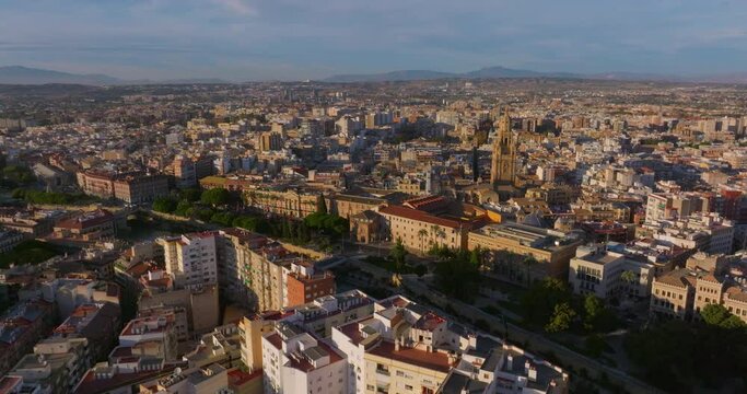 Aerial view of centre of european city Murcia with coast line of segura river, Spain