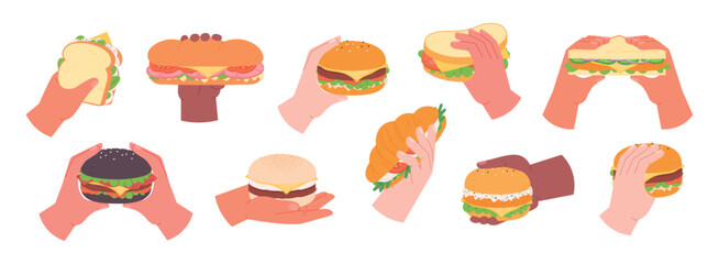 Hands holding burgers and tasty sandwiches. Isolated fast food eaters, hand with take away burger. Fresh sandwich with different ingredients, racy vector set