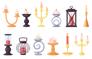 Cartoon candlestick set. Candle holders with burning candles. Modern and vintage lantern, daily and festive house decoration lights nowaday vector clipart