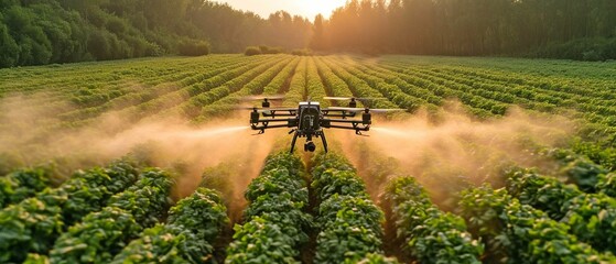 applying fertiliser using a drone to green vegetable plants Farm automation and agriculture technology - obrazy, fototapety, plakaty