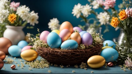Obraz premium Multicolored easter eggs in nest, easter background with multicolored eggs in nest with flowers.