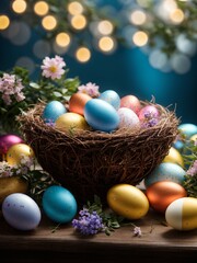 Fototapeta na wymiar Multicolored colorful Easter eggs in nest on dark blue background with flowers