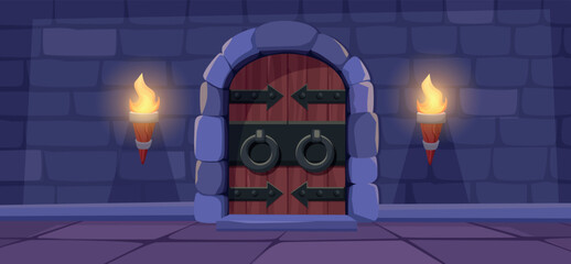 Medieval castle dungeon entrance. Closed wooden door in old stone wall with torches. Prison or fortress, gaming ancient location nowaday vector scene