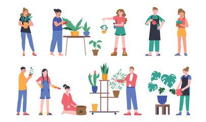 Fototapeta premium Home gardening hobby. People care about plants in pots. Botanical elements, gardeners and biologists. Adults grow greenery, splendid vector characters