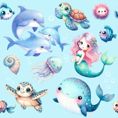 Cute sea characters, seamless pattern. Marine life, ocean. Children's elements set. Watercolor illustration