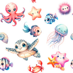 Sea life, sea creatures, seamless pattern. Children's elements set. Watercolor illustration