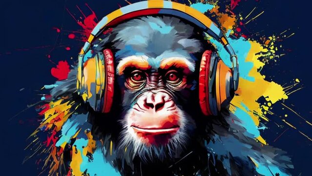 Colorful Monkey with headphones Listening to Music on a Black Background