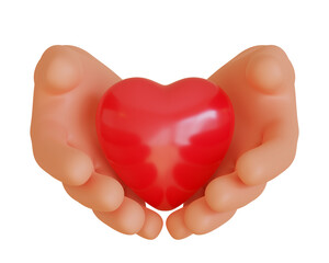 Cartoon Hands holding a red heart valentines day decoration, 3D rendering illustration
