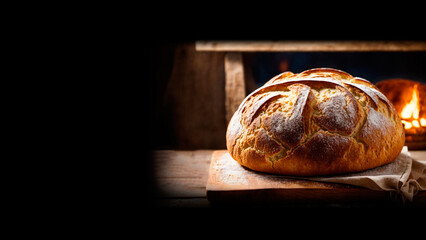 Freshly baked handmade bread with a golden crust, bakery, a loaf of freshly baked homemade bread