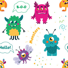 Monsters seamless pattern. Funny childish monster, cyclop or alien. Different emotions characters. Fabric print design for kids, classy vector background