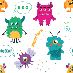 Fotobehang Monsters seamless pattern. Funny childish monster, cyclop or alien. Different emotions characters. Fabric print design for kids, classy vector background © LadadikArt