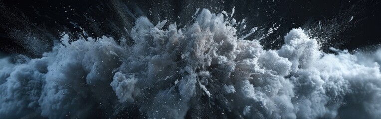 Banner with powder explosion effect isolated on black background. Splash of white dust particles. Festival of Color